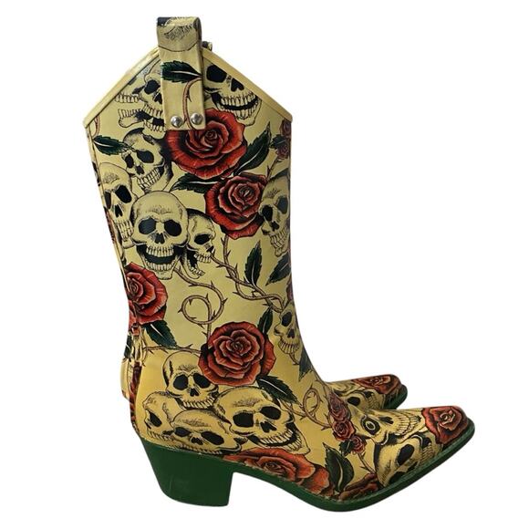 Nomad Skull And Red Roses Rubber Cowboy Rain Boots 2” Heel Women’s Size US 7 EUC - Picture 1 of 13